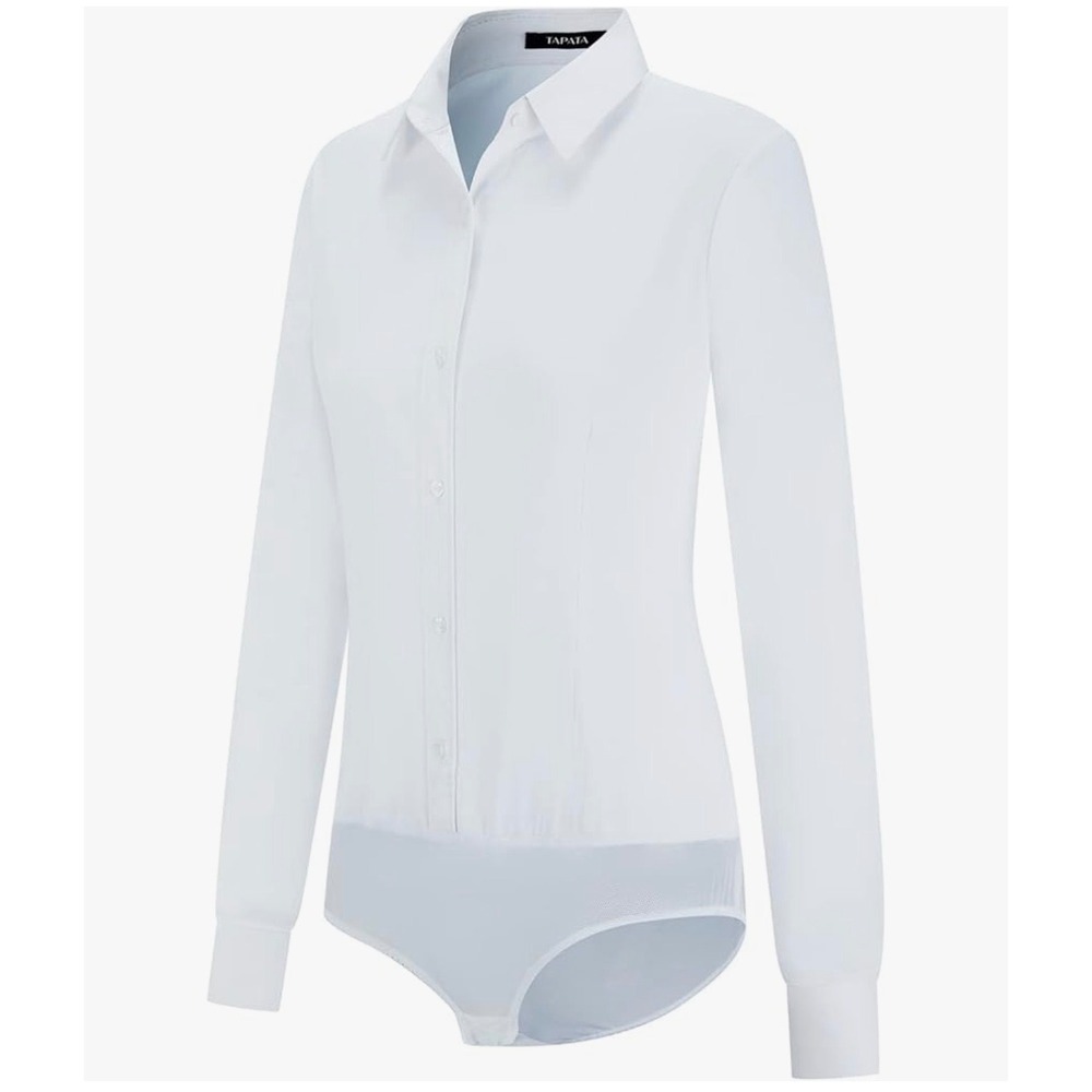 Tapata Women White Long Sleeve Button Down Bodysuit Shirt TU-BLOUSE03 Size L NEW